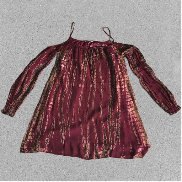 Patrons of Peace Blouse Dress. Wine and Brown Tie-Dye Pattern Long Sleeves Small - Picture 8 of 9